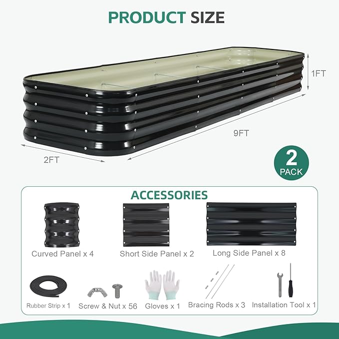 5 in 1 Galvanized Raised Garden Bed - 8x3x1ft (2Packs) Modular Planter Box Outdoor | Metal Raised Bed Kit with Bracing Rods for Gardening Vegetables Flowers Fruits Herbs (Gray)