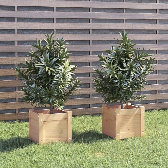 Natural Wood Planter Set of 2 Solid Pine Wood Square 12.2 inch Outdoor Indoor Garden Raised Bed Planters with Drainage Holes