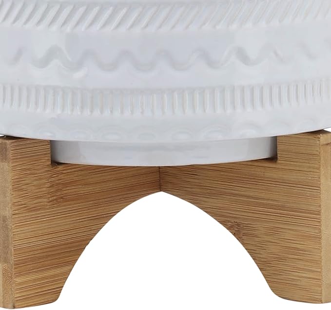 8 Tribal Planter W Wood Stand White