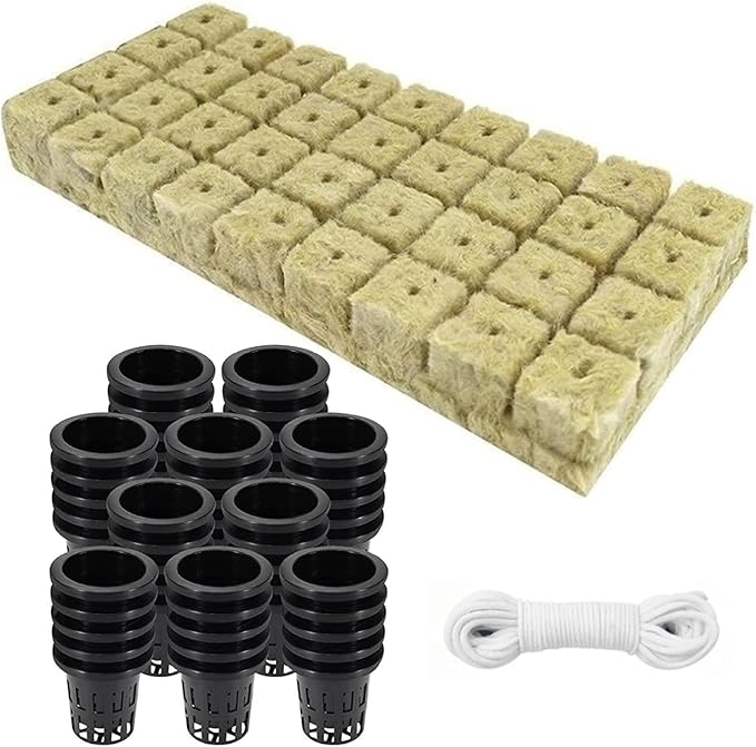 Rockwool Cubes for Hydroponics with Net Pots hydroponics Growing System Including 36 Plugs 36 Net Cups and 10m Self Watering Cotton Wick Cord for Supplies..