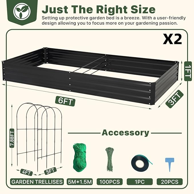 DTIG Galvanized Raised Garden Bed with Trellis 6×3×1 FT 2 Pack Outdoor Garden Bed Upgraded 4×3 Support Black