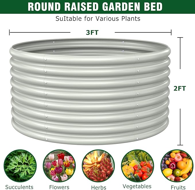 FRIZIONE Raised Garden Bed 2-Pack 3FT(D) x2FT(H) Round Outdoor Planter Box for Flower Herb Vegetable - White