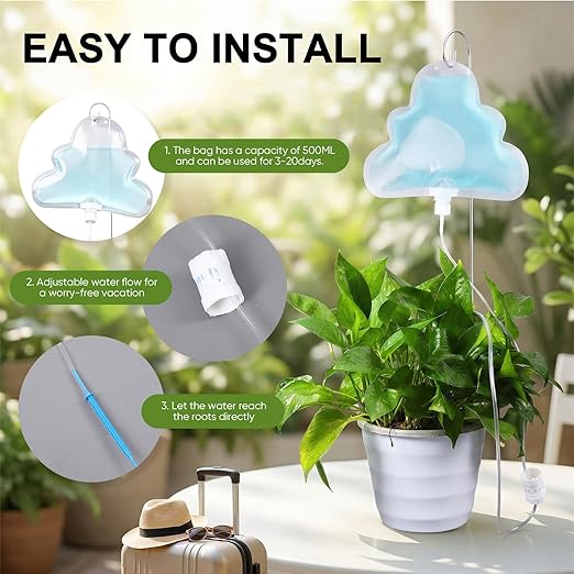 Zhengmy 12 Pcs Cloud Plant Drip Irrigation Self Watering Devices with Flow Regulator Automatic Plant Watering System with 500ml Drip Water Bag and Support Rod Stake for Potted Indoor Outdoor Waterer
