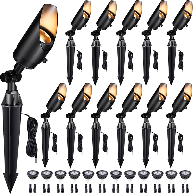 Low Voltage Brass Landscape Spotlights - Waterproof 12V LED Uplights for Garden Yard Tree House - 5W 2700K Warm White MR16 Bulb Outdoor Lighting (Black 06)