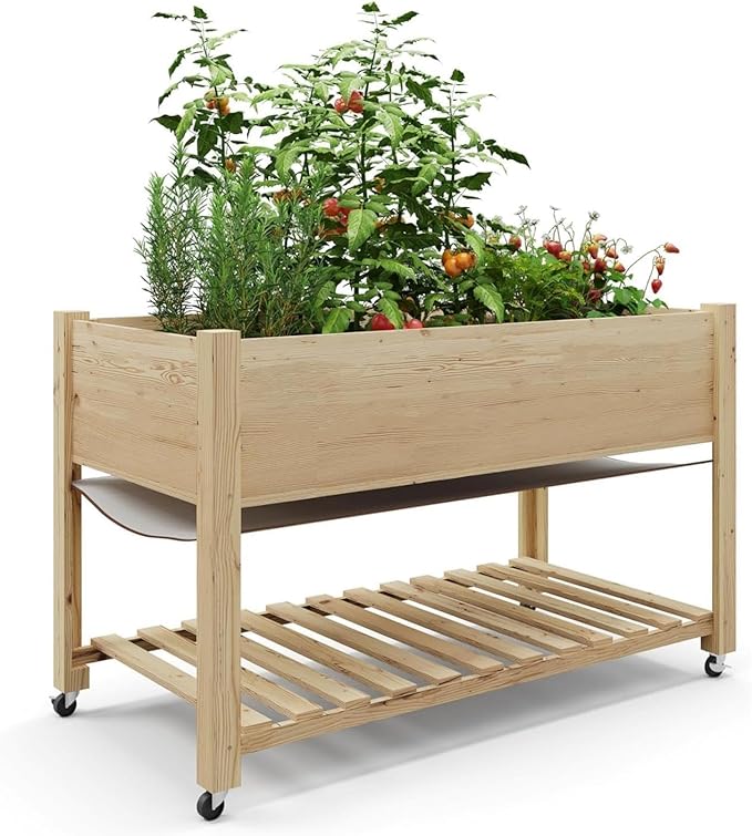 IDEALHOUSE Planter with Lockable Wheels - 48x24x32 in Mobile Elevated Raised Garden Bed Storage Shelf Protective Liner Natural Finish