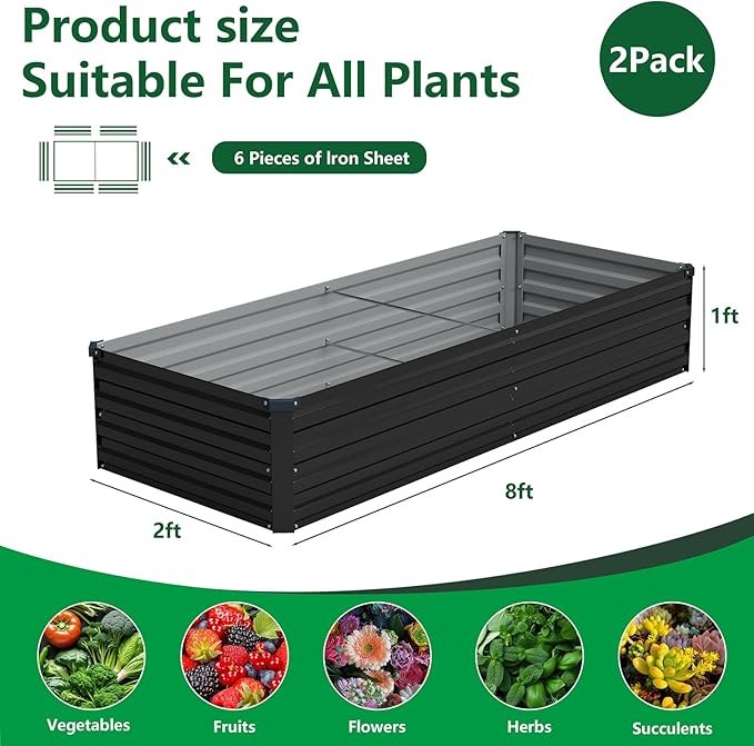 Vengarus 8x2x1FT (2 Pack) Galvanized Raised Garden Bed Kit Outdoor Metal Planter Box for Vegetables Rectangular Steel Container Easy Assembly (Black)