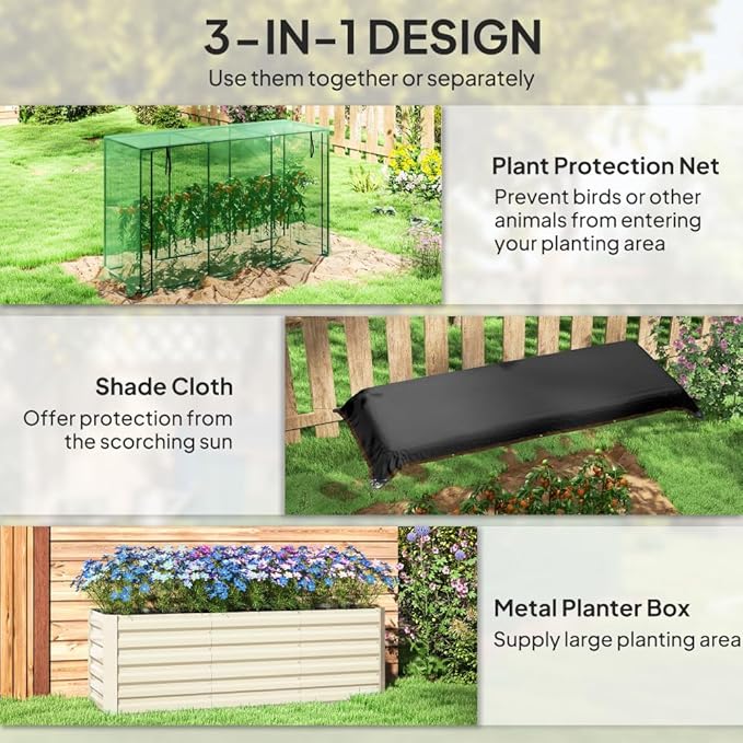 Heavy-Duty Galvanized Steel Raised Garden Bed with Integrated Crop Cage and Adjustable Shade Cloth for Outdoor Vegetable and Flower Growing (Beige + HDPE + Steel-1)