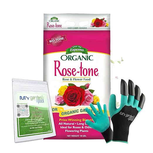 Espoma RT18 Organic Rose-Tone 4-3-2 18 lb. Bag with My Garden Pool PH Soil Test Strips 20 ct and My Garden Pool Superior Gardening Claw Gloves and Garden-IQ Smart Gardening AI Assistant!
