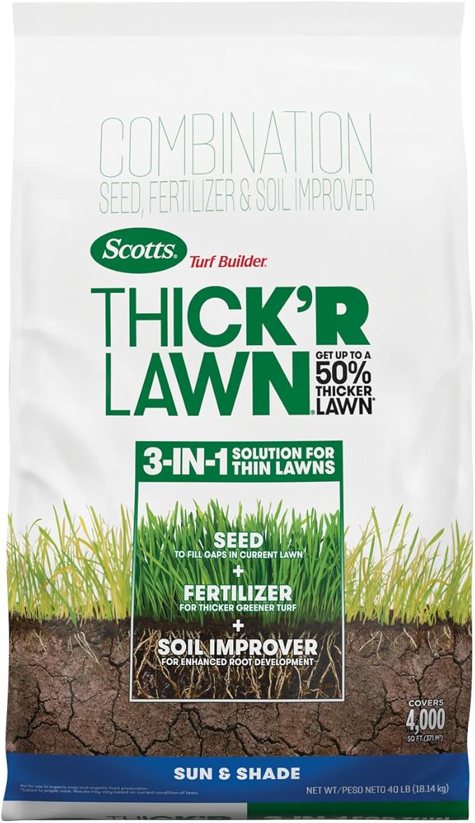 Scotts Turf Builder Thick'R Lawn Sun and Shade Combination Seed Fertilizer and Soil Improver Thickens Thin Grass 40 lbs.