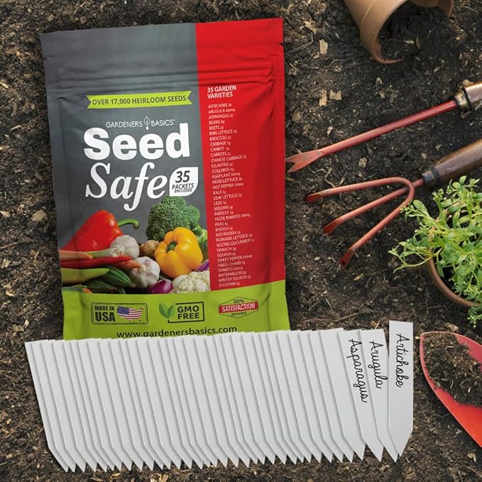 Gardeners Basics Seed Safe Kit - 35 Easy to Grow Heirloom Vegetable Seeds for Beginners - Non GMO Garden Starter Set with 17000+ Seeds - Gardening Gift for Families