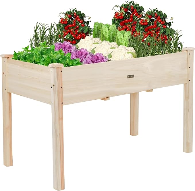 Elevated Raised Garden Bed 48.7”L x 23.1”W x 30.7”H Wooden Planter Box with Legs 210LBS Capacity Non-Woven Liner &amp 6 Drainage Holes for Backyard Patio Balcony Vegetables Flowers Herbs