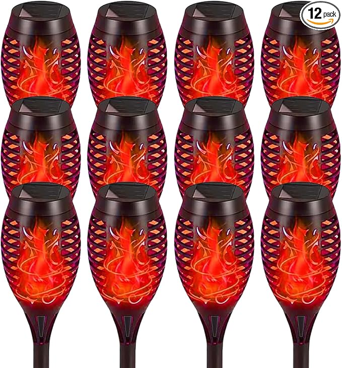 Solar Flashlight Light with Flickering Flame Multi-Piece Outdoor Solar Lights Outdoor Waterproof Solar Garden Lights for Decorative Paths Patio and Deck Outdoor Lighting（Red (12)