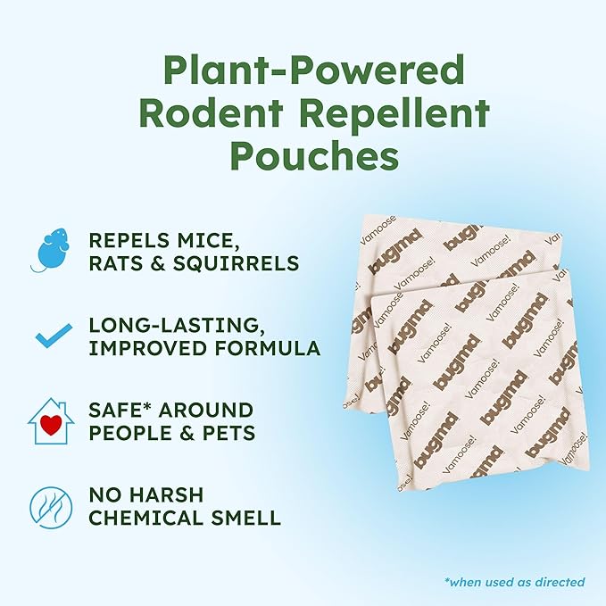BugMD Vamoose! Plus Peppermint Oil Mouse Repellent Pouches | Natural Mice Repellent Indoor &amp Rat Deterrent for House Garage RV Car &amp Storage | Plant-Powered Rodent Control - 2 Pack - 8 Pouc