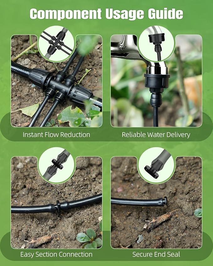 Pawfly 200 ft 1/4 Drip Irrigation Tubing 1/4 Emitter Tubing with 6 Spacing Polyethylene Drip Line with 24 Parts Black Distribution Tubing for Drip Irrigation System Drip Irrigation Hose Roll