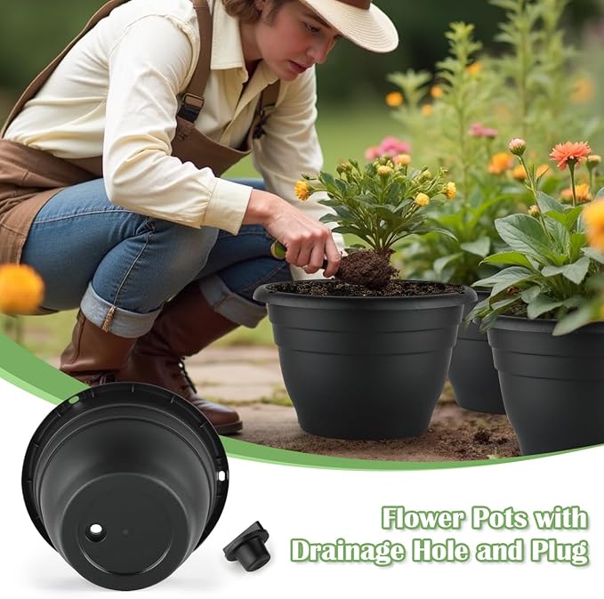 3 Pack 11 Inch Plant PotsPlastic Flower Pots with Drainage HolesLightweight Durable Planters for Indoor Outdoor PlantsModern Decorative Pots for Patio Garden(Black)