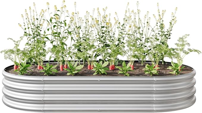 Outdoor Raised Garden Bed for Plants Vegetables and Flowers Oval Large Metal Raised Bed Kit Durable Galvanized Planter Boxes for Garden Backyard Easy Assembly (Silver 70.86x35.43x 11.42 in)