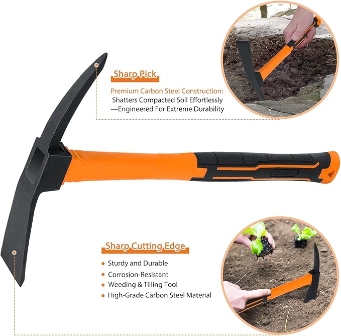 2pcs Pick Axes for Digging and No Installation Required Garden Hoe and Cultivator Hand Rake Garden Tool Durable and Comfortable Handle Mattock Weeding Hoe （Orange）