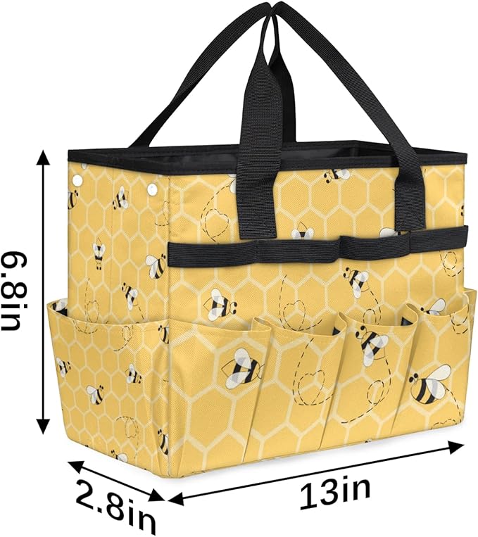 Yellow Bee Gardening Tool BagHeavy Duty Garden Tote BagPortable Oxford Gardening Storage Basket Organizer Handbag with Pockets HandleHand Tools Gifts for Outdoor Garden Lawn Yard