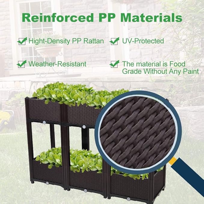 VINGLI Square Raised Garden Bed Self-Watering Plastic Planter for Indoor Outdoor Vegetables Fruits Potato Flowers All Weather (6 Pcs)
