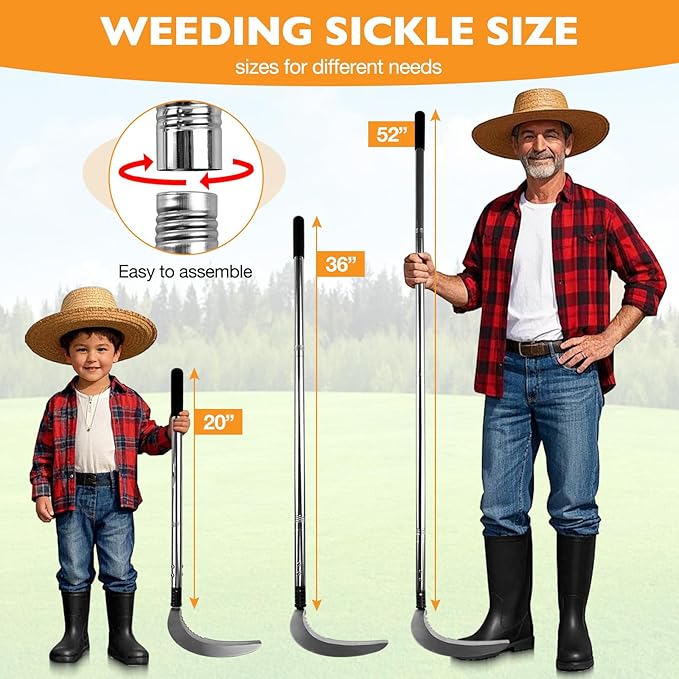 Sickle Garden Tool Set Long Handle Weeding Sickle with Serrated Double-Edged Blade Grass Sickle Stand Up Weeding Tool with 2 Pack Leaf Scoops 16 Gallon Lawn Bag with Gardening Gloves for Yard