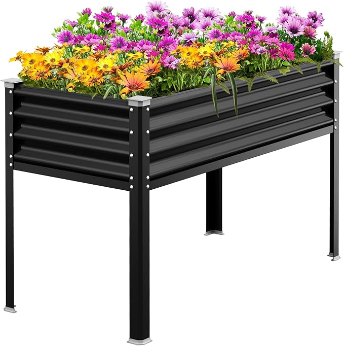 Raised Garden Bed with Legs 48×24×32in Galvanized Raised Garden Beds Outdoor Elevated Metal Planter Box for Gardening Vegetables Flowers Herb （Black）