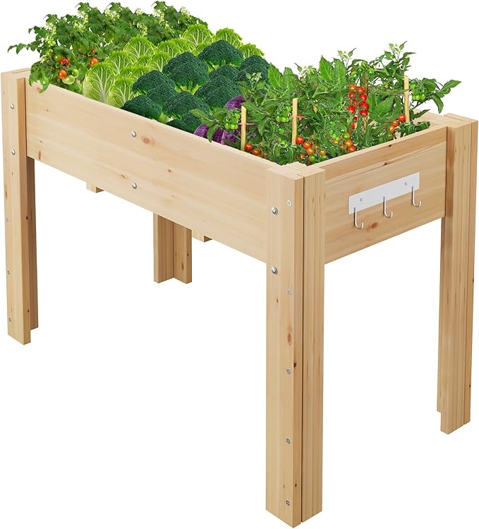 Raised Garden Bed 47 x 30 x 22 in with Legs and Hooks Elevated Wooden Planter Box Stand 4x2.5x1.8 Ft for Vegetables Herbs Flowers Outdoor Patio Backyard Planter with Fabric Liner