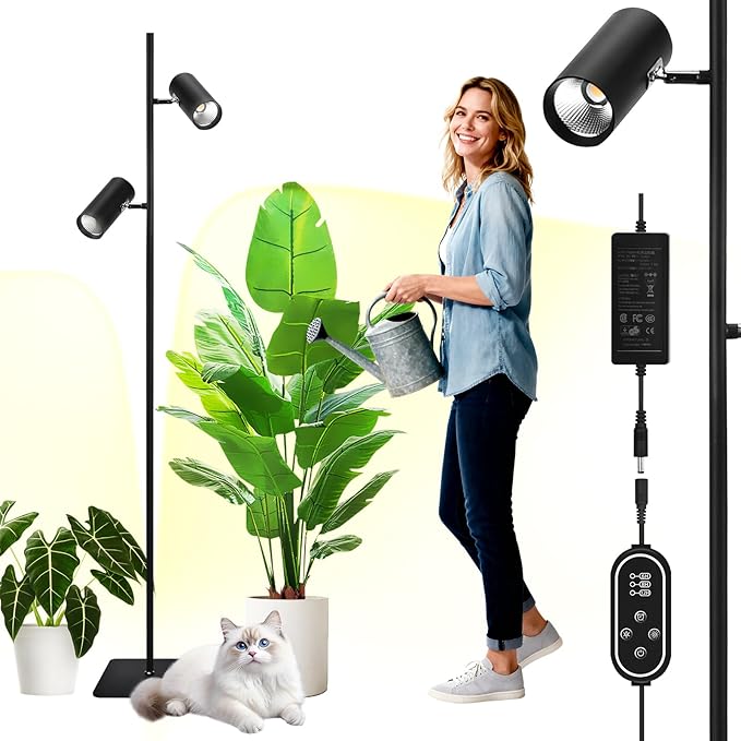 60W Dimmable Grow Light Warm White Full Spectrum COB LED Dual-Head Floor Lamp with High PPFD&ampCRI 6/8/12H Timer Adjustable Height (37-77) &amp Angle – Standing Grow Lights for Indoor Plants