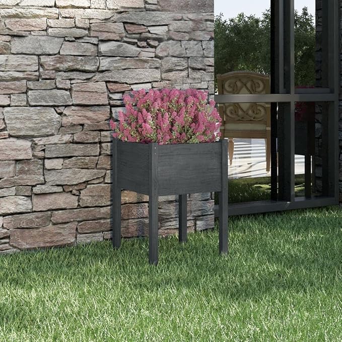 Grey Solid Pinewood Square Planter 19.7x19.7x27.6 inch Outdoor Raised Garden Bed Durable Wooden Planter Box for Patio Balcony Terrace