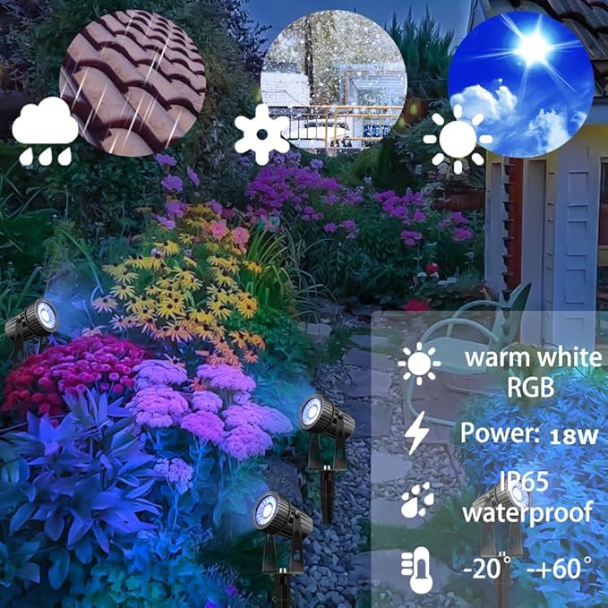 Smart Landscape Lighting COB Low Voltage Landscape Lights RGB Warm White LED Bluetooth Spotlights APP Control 12V 18W Outdoor Yard Spot Lights with Spike Stand Waterproof Garden Light Music Sync