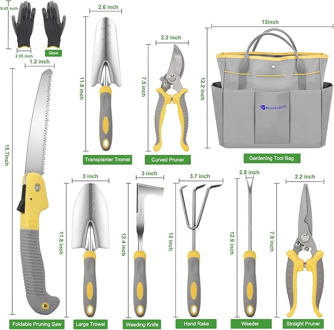 Yesker Gardening Tools 10-Piece Heavy Duty Garden Tool Set Gardening Supplies Gifts for Women Men Gardening Hand Tool Kit w Non-Slip Ergonomic Handle Garden Bag Durable Gloves Pruning Shears Gray
