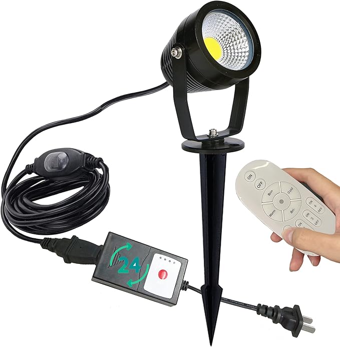 Kiven Waterproof Stepless dimming 7watts LED Spotlight with Timer Function Outdoor Landscape Dimmable 110V Plug-in Fixture IP65 Garden Light for Christmas Decoration Patio Pathway Lawn Yard
