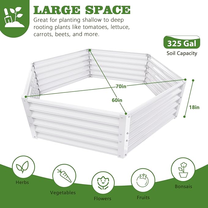 A ANLEOLIFE 3 Set Hexagon Galvanized Raised Garden Beds Outdoor70x60x18in Metal Planter Box for Planting Vegetables Flowers Herb Anti-Rust &amp Easy-Setup Antique White