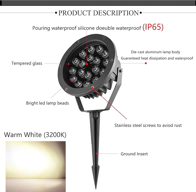 Outdoor LED Spotlight Waterproof Bright Outdoor Landscape Automatic Timer Mini Lawn Lamp 18W Graden Lights with Spiked Stand Lawn Decorative Lamp with Plug Courtyard Flag Light Warm White