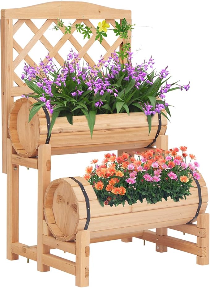 kinbor Outdoor Wood Raised Garden Bed Raised Planter Box Planter with Trellis Elevated Garden Bed for Gardening Vegetables Flowers Climbing Plants Growing Garden Balcony Patio Yard