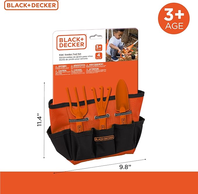 Black &amp Decker Four Piece Gardening Hand Toolset for Kids – Garden Tool Bag That Holds Plastic Hand Tools