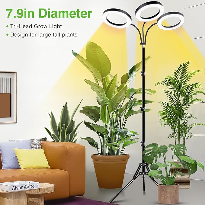 LORDEM Grow Light for Indoor Plants 7.9 Diameter Tri-Head Plant Light for Plants Growing Full Spectrum Growth Lamp with Auto Timer 3/6/12H 4 Dimmable Levels 3 Lighting Modes Adjustable Stand