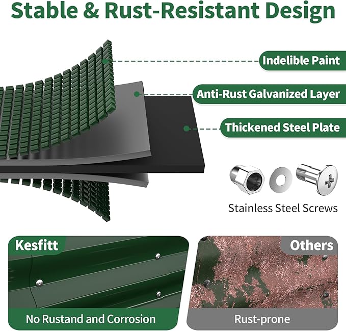 Kesfitt Raised Garden Bed 4x2x1 FT Galvanized Steel Metal Raised Garden Bed Oval Open-Bottom Design 12-Inch Deep for Outdoor Vegetable &amp Herb Gardening Forest Green