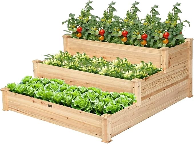 ORALNER 3-Tier Raised Garden Bed Wooden Elevated Flower Bed Planter Box Kit Outdoor Growing Planter Raised Beds for Gardening Vegetables Fruits Herbs 49 L x 49 W x 22 H Natural Brown