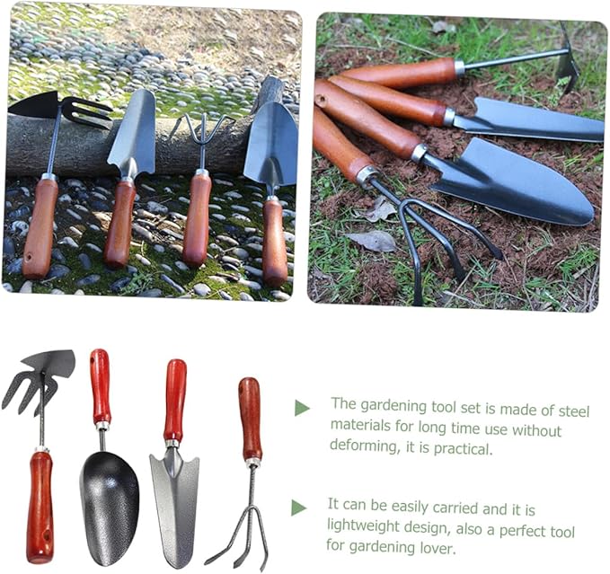 Garden Tool Set 4pcs Mini Hand Trowel Soil Scoop with Extended Narrow Shovel 3-Prong Hand Rake Dual-use Hoe and Rake for Flower Planting and Vegetable Gardening