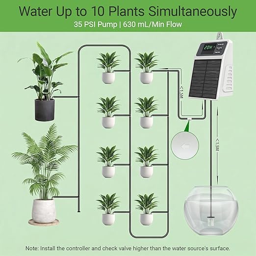 Automatic Solar drip Irrigation System (Solar/USB-C Dual Power) DIY Solar Watering System with Programmable Timer for 15 Potted Plants IPX5 Auto Watering Kit for Indoor Balcony Garden &amp Vacati