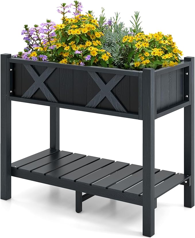 Raised Garden Bed with Legs HIPS Elevated Planter Box with Drainage Holes &amp Storage Shelf Standing Garden Box for Backyard Patio Balcony Deck Terrace (Black 34” x 18” x 29”)