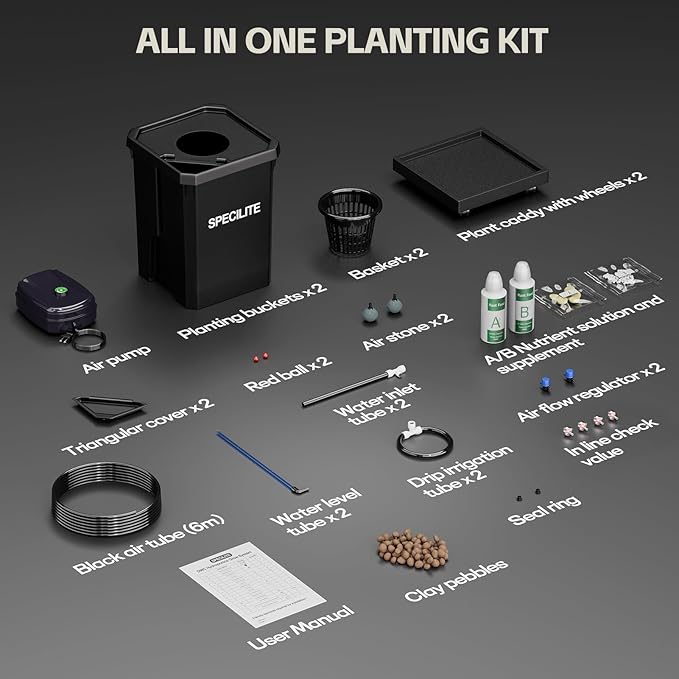 SPECILITE DWC Hydroponics Grow System with Top Drip Kit 7 Gallon 2 Buckets Deep Water Culture Recirculating Drip Garden System with Plant Stand with Wheels Air Pump Air Stone Air Hose