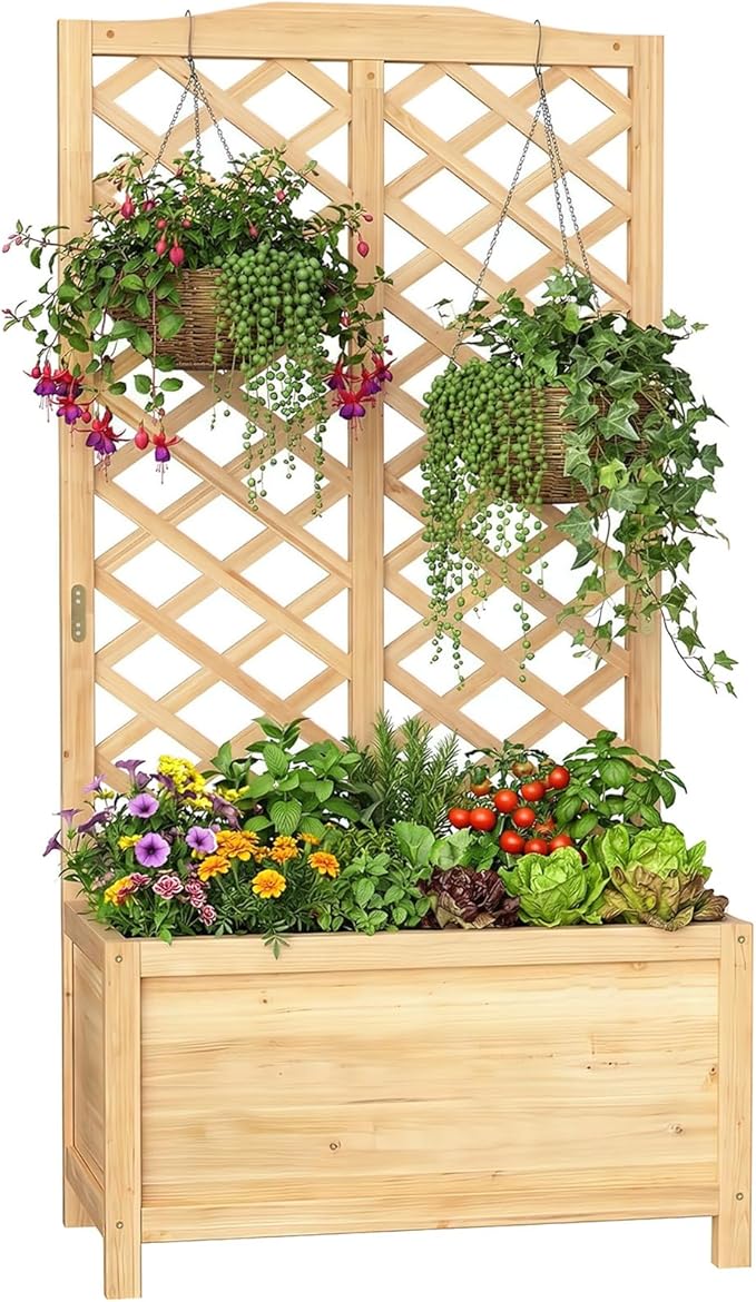 SUNYRISY Raised Garden Bed with Trellis for Climbing Plant Outdoor 59x30x16 Wooden Vertical Planter Box with Privacy Screen for Gardening Vine Flowers Vegetables
