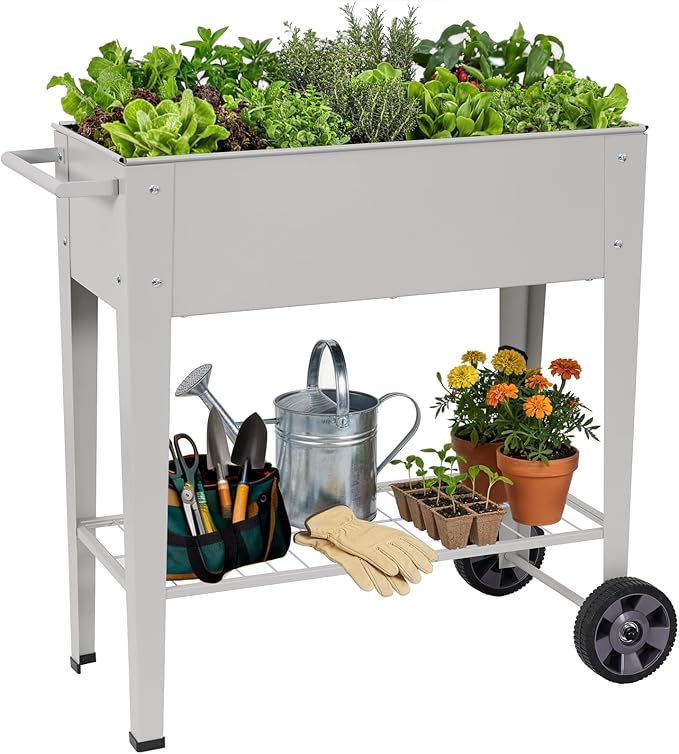 Elevated 32 Tall Raised Garden Bed with Legs and Wheels for Mobility Metal Planter Boxes Outdoor with Shelf Raised Bed for Gardening Vegetables/Herbs Backyard Patio Balcony Grey