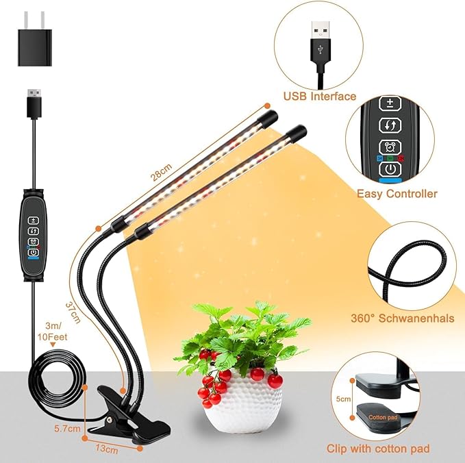 4 Heads Grow Lights for Indoor Plants Full Spectrum LED Plant Lamps with Clips and 120 inch Cables for Seeding Growing(with Adapter)