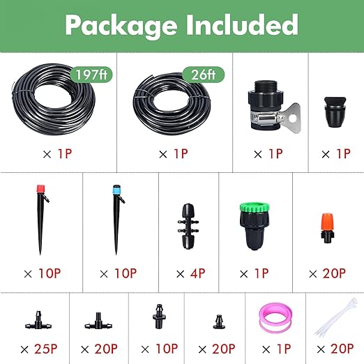 ASEVAT Drip Irrigation System Kit 26FT+197FT Garden Watering System with Hose Distribution Tubing Drip Emitters ConnectorsAutomatic Drip Irrigation Kit for PlantGreenhouse YardLawnPatio