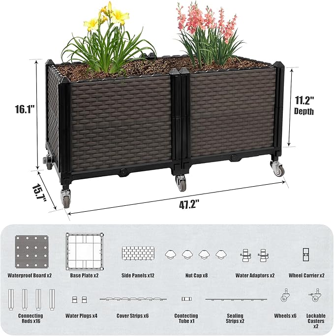 Raised Plant Box with Wheels 31.5x15.7x16.1 Raised Beds for Gardening Self Watering Durable Metal Lockable Casters Rectangular Garden Planter Perfect for Garden Patio Balcony Deck