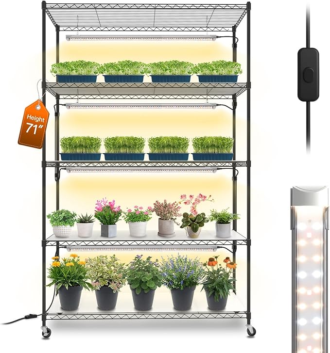 Bstrip Plant Shelf with Grow Light 5 Tier Large Tall Plant Stand with 3FT T8 120W Grow Light for Indoor Plants Full Spectrum LED Plant Light with Wheel for Seedling (47.2 Lx17.8 Wx71 H)