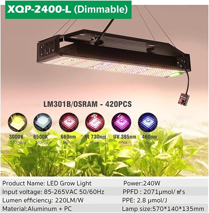 LED Grow Lights for Seed Starting Vegetables Bloom 50/240 Watt Dimmable Plant Light Dimming Grow Lights for Indoor Plants Full Spectrum in 4x2/3x3 Grow Tent240W
