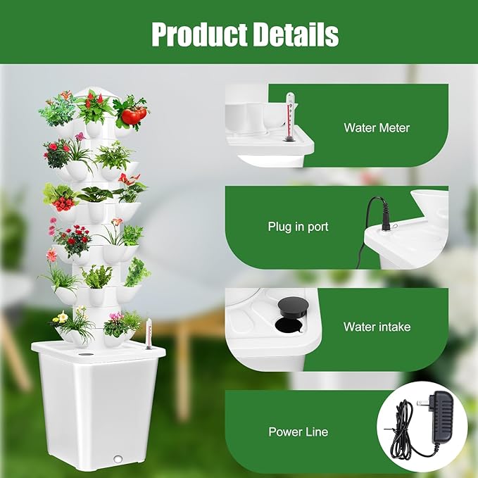 Hydroponic Tower Growing System with 10L Tank 6 Layers 30 Plants Indoor Hydroponics Growing System Soilless Cultivation Herbs Fruits Vegetables Vertical Planter Tower Kit White